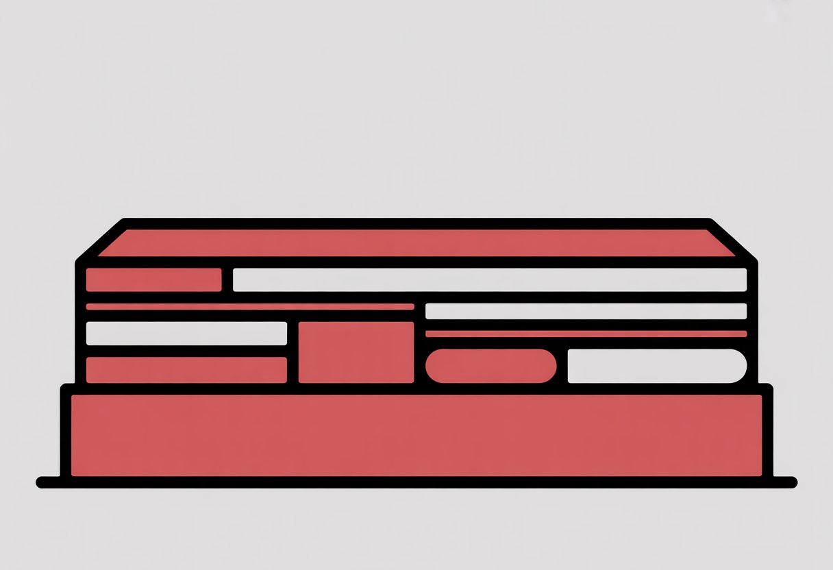 Cross-sectional side view of a 10 inch mattress showing distinct horizontal layers stacked inside. Cross-sectional side view of a 10 inch mattress showing distinct horizontal layers stacked inside.