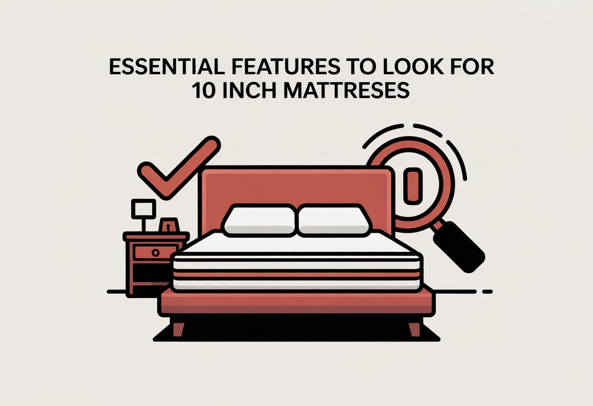 A simple bedroom scene showing a bed with a 10 inch mattress, highlighted by clean lines and bold shapes in red, black, and white. A simple bedroom scene showing a bed with a 10 inch mattress, highlighted by clean lines and bold shapes in red, black, and white.