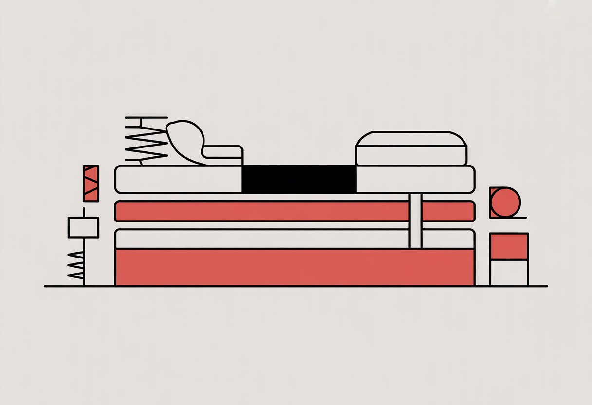 A simplified cross-section illustration of a 6 inch mattress showing three distinct layers with abstract icons representing construction materials around it.
