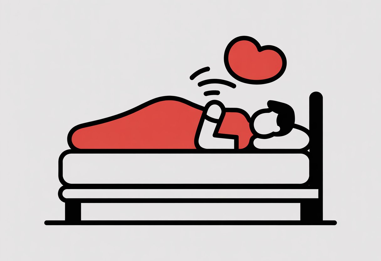 Side view of a thick mattress on a bed with a person lying comfortably on it, and a small heart symbol above the mattress.