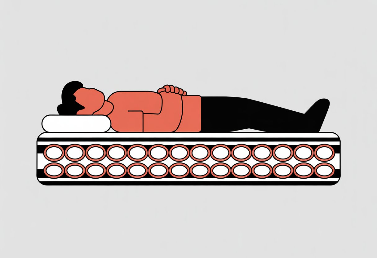 A simple illustration showing a person lying on a mattress with visible pocket coils inside, highlighting comfort and support.
