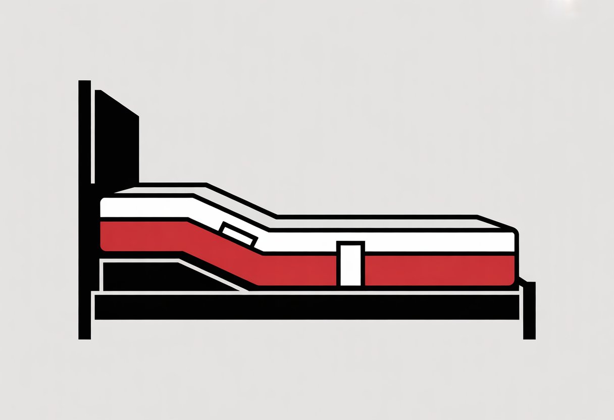 A simple illustration of an adjustable bed with a mattress bending at the head and foot in a clean bedroom setting. A simple illustration of an adjustable bed with a mattress bending at the head and foot in a clean bedroom setting.