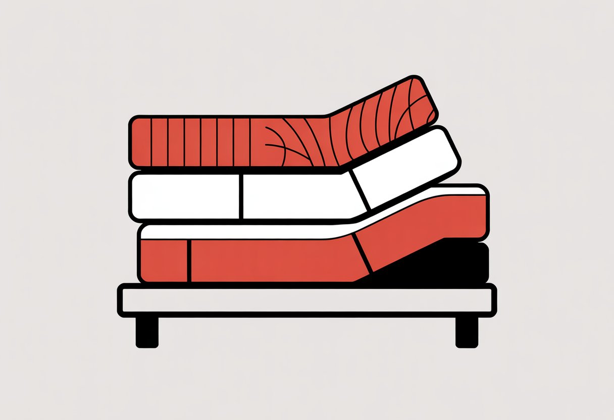 A simple illustration showing an adjustable bed frame with three different mattresses above it, each with distinct shapes to represent types suitable for adjustable beds. A simple illustration showing an adjustable bed frame with three different mattresses above it, each with distinct shapes to represent types suitable for adjustable beds.