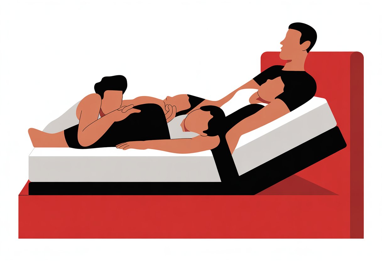 A modern bedroom with an adjustable bed showing two people in different sleeping positions, one lying down and one sitting up. A modern bedroom with an adjustable bed showing two people in different sleeping positions, one lying down and one sitting up.