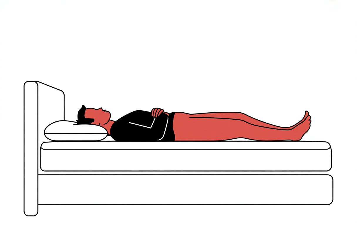 A person lying on their back on a mattress in a simple bedroom setting. A person lying on their back on a mattress in a simple bedroom setting.