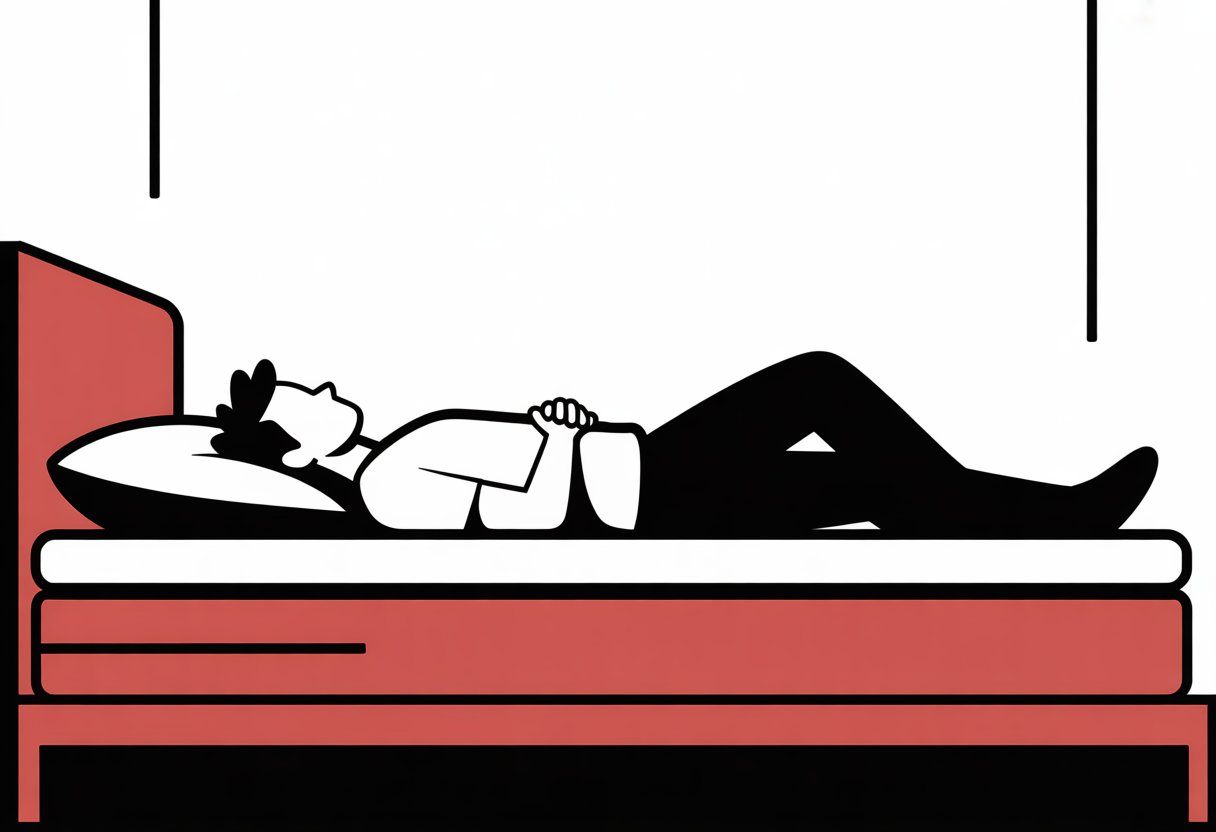 A person lying on their back on a mattress in a simple bedroom setting. A person lying on their back on a mattress in a simple bedroom setting.