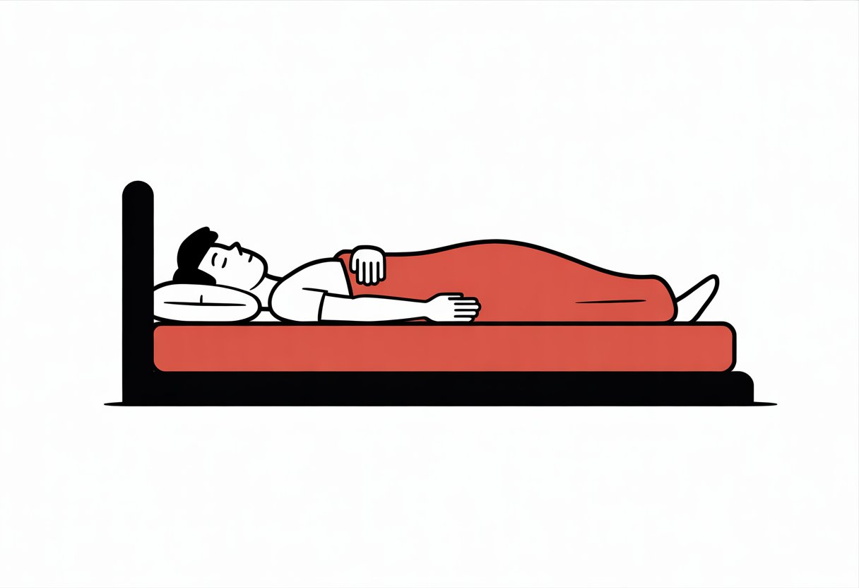 A person sleeping on their back on a mattress, shown in a simple red, black, and white illustration. A person sleeping on their back on a mattress, shown in a simple red, black, and white illustration.