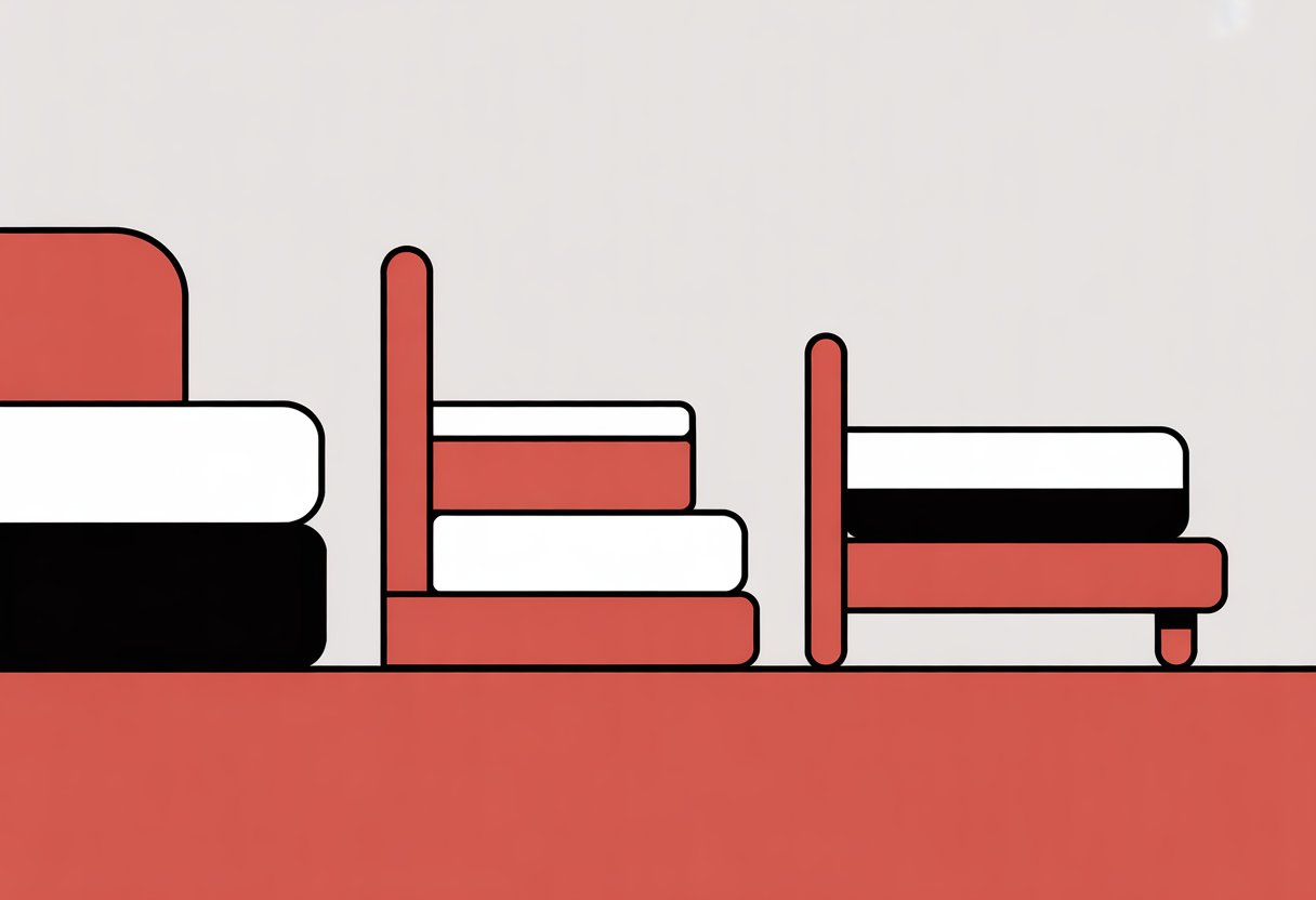 Three simplified mattress shapes side by side, each representing a different type of low motion transfer mattress.