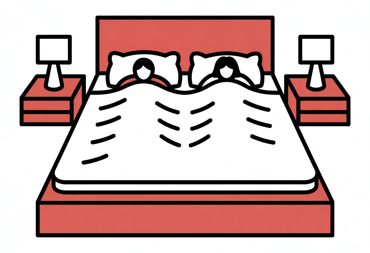 A simple bedroom scene with a bed showing two people lying still, illustrating a mattress that reduces movement between sleepers.