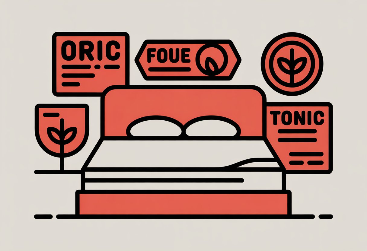 A simple illustration of a mattress surrounded by certification symbols representing eco-friendly and safety standards. A simple illustration of a mattress surrounded by certification symbols representing eco-friendly and safety standards.