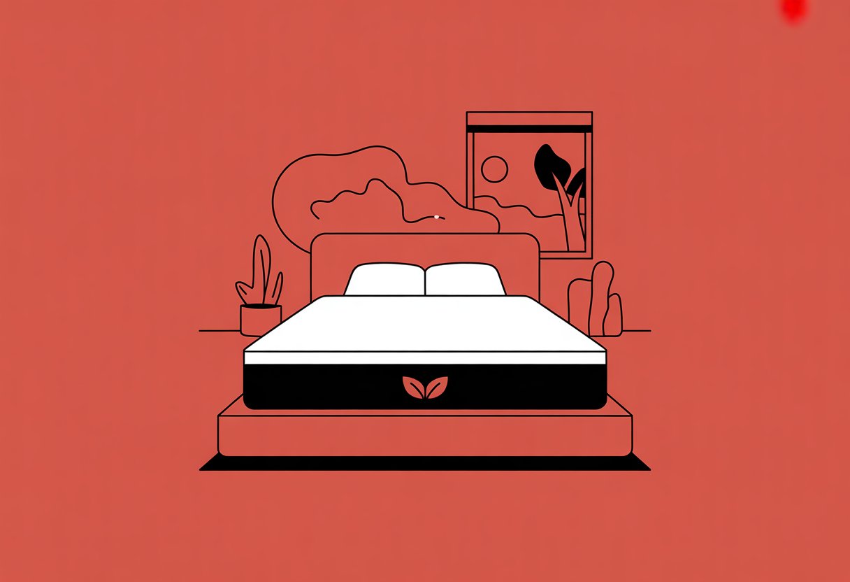 A simple bedroom scene with a bed featuring an eco-friendly mattress and a small plant near a window showing a tree outside. A simple bedroom scene with a bed featuring an eco-friendly mattress and a small plant near a window showing a tree outside.