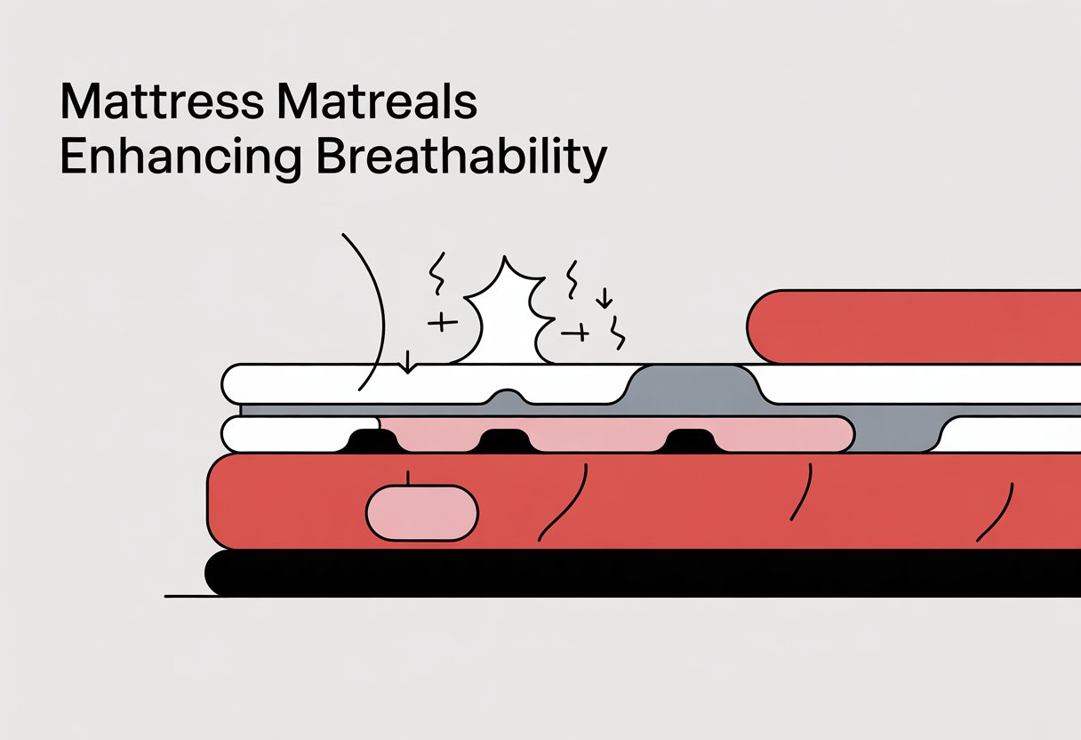A simplified cross-section of a mattress showing layered materials with arrows indicating airflow moving upward through the layers. A simplified cross-section of a mattress showing layered materials with arrows indicating airflow moving upward through the layers.