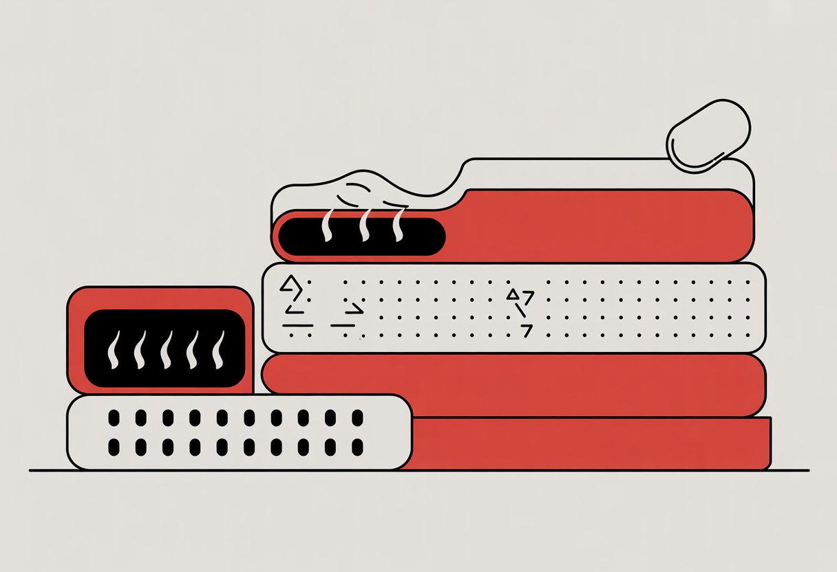 A simple illustration showing a cross-section of a mattress with airflow channels and ventilation symbols indicating breathability. A simple illustration showing a cross-section of a mattress with airflow channels and ventilation symbols indicating breathability.