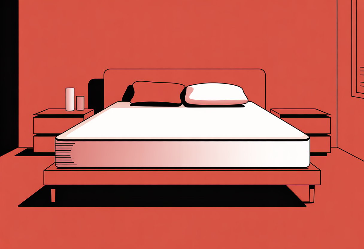 A simple bedroom scene showing a mattress on a bed frame with a pillow and a bedside table. A simple bedroom scene showing a mattress on a bed frame with a pillow and a bedside table.