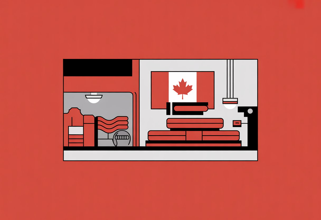 A simplified factory scene showing a mattress production line with a maple leaf symbol on the wall. A simplified factory scene showing a mattress production line with a maple leaf symbol on the wall.