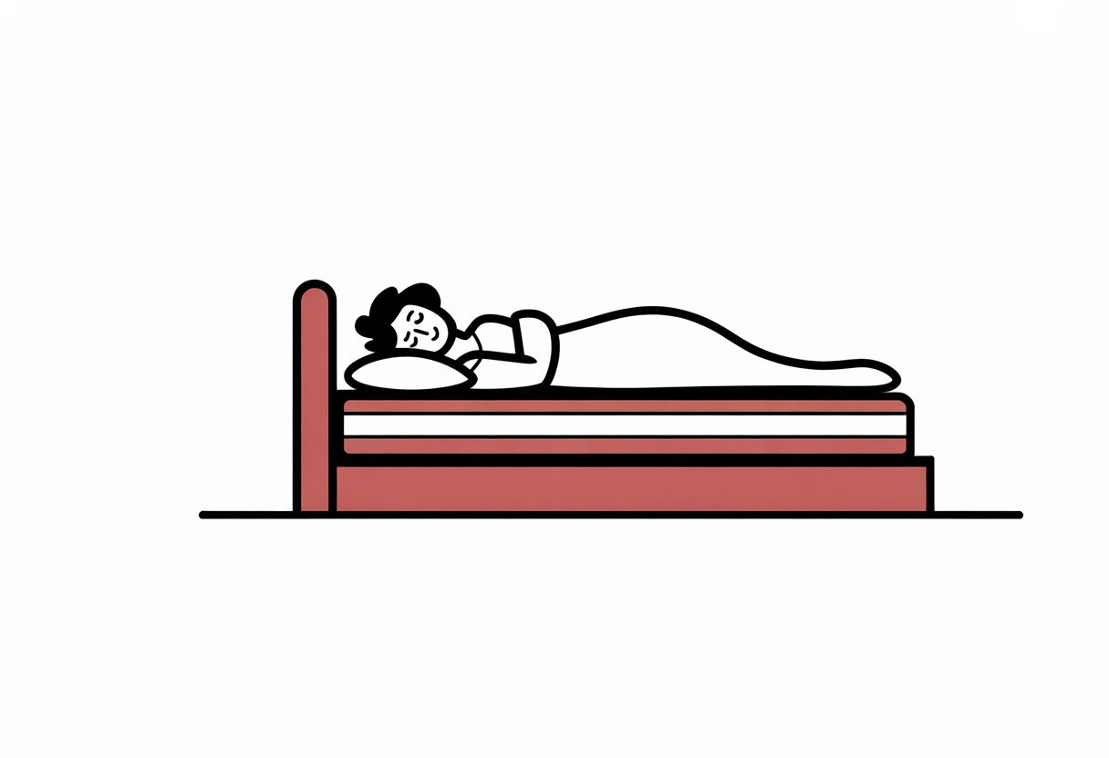 A person lying comfortably on a mattress in a simple bedroom setting. A person lying comfortably on a mattress in a simple bedroom setting.