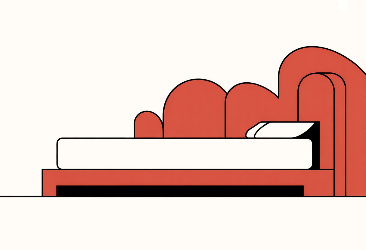 A simple bedroom scene with a flat mattress on a bed frame and abstract shapes behind it representing comfort and support. A simple bedroom scene with a flat mattress on a bed frame and abstract shapes behind it representing comfort and support.