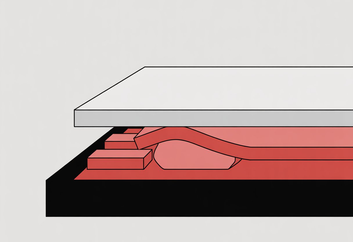 A simple illustration showing three layers of a mattress stacked to represent its construction, with the middle layer highlighted in red. A simple illustration showing three layers of a mattress stacked to represent its construction, with the middle layer highlighted in red.