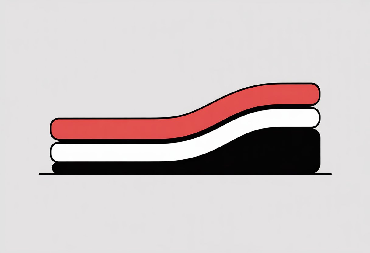 A cross-sectional view of a mattress showing three horizontal layers stacked on top of each other. A cross-sectional view of a mattress showing three horizontal layers stacked on top of each other.