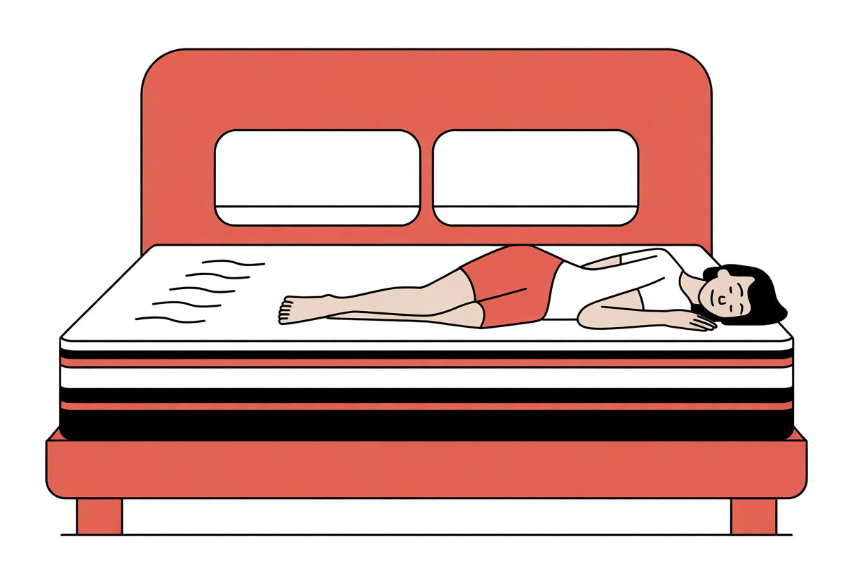 A simple bedroom scene with a bed and mattress, showing close-up details of mattress layers and a person lying comfortably on it. A simple bedroom scene with a bed and mattress, showing close-up details of mattress layers and a person lying comfortably on it.