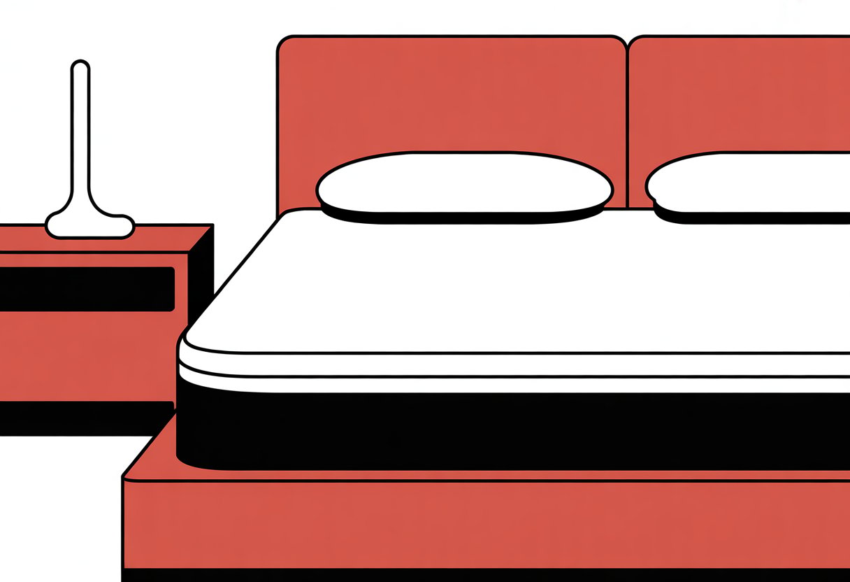A simple bedroom scene showing a mattress on a bed frame with a pillow and a bedside table. A simple bedroom scene showing a mattress on a bed frame with a pillow and a bedside table.