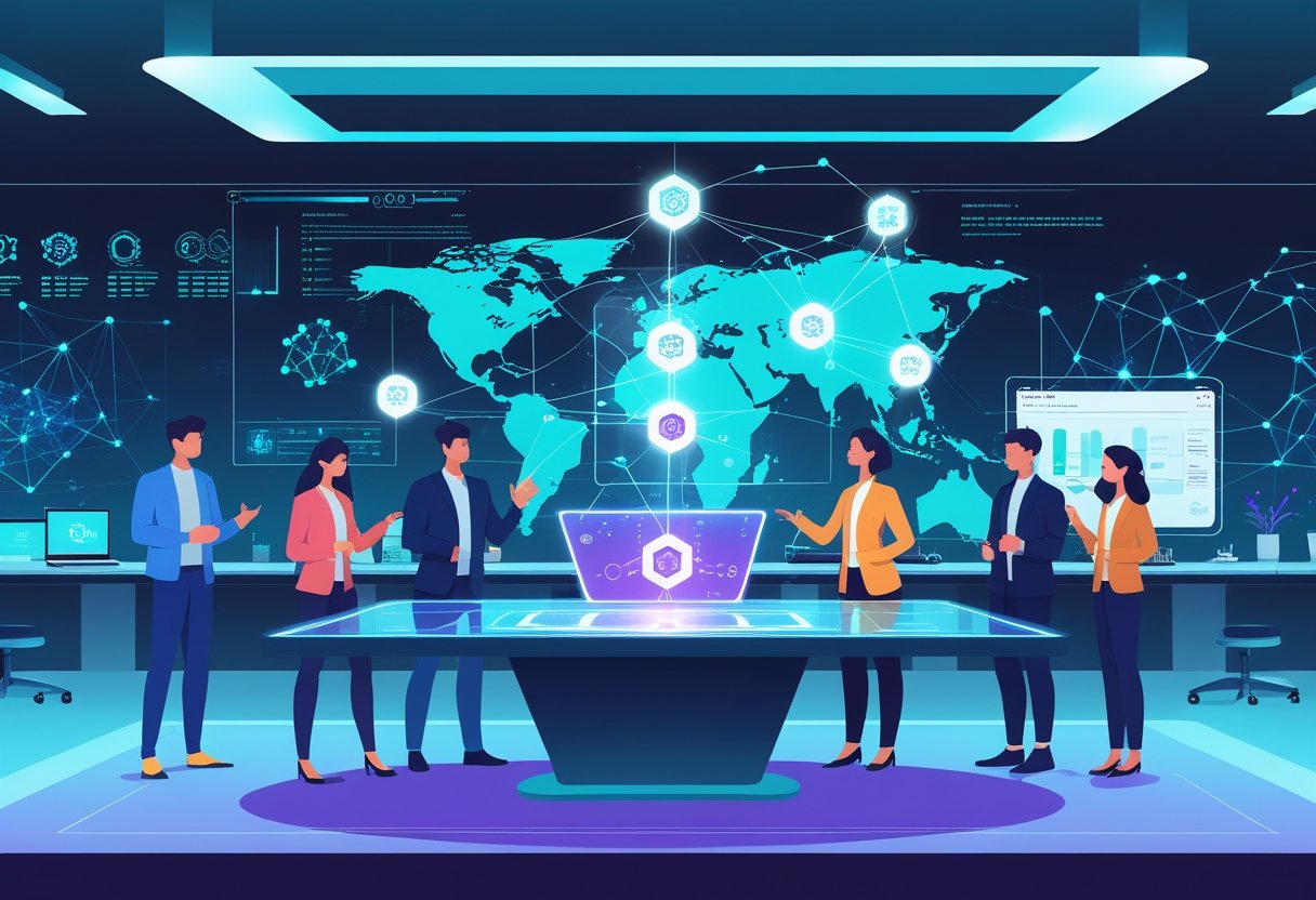 A group of professionals collaborating around a futuristic touchscreen table displaying holographic AI tool icons and digital data in a high-tech office.