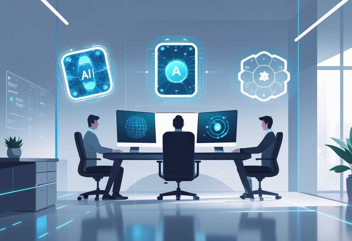 A futuristic workspace showing five glowing holographic icons representing advanced AI tools floating above a modern desk in a clean office setting.