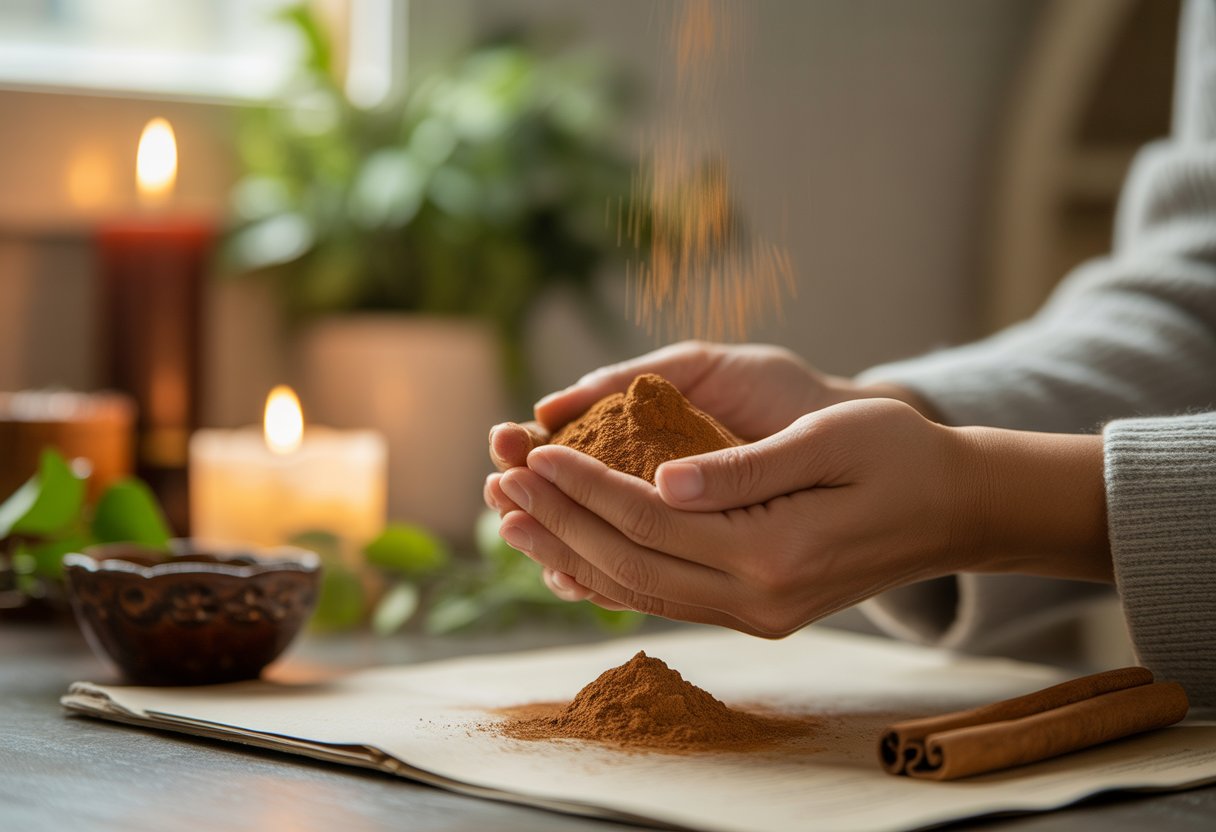 Mãos soprando canela em pó em um ambiente interno iluminado pela luz natural, com uma vela acesa e plantas ao fundo.