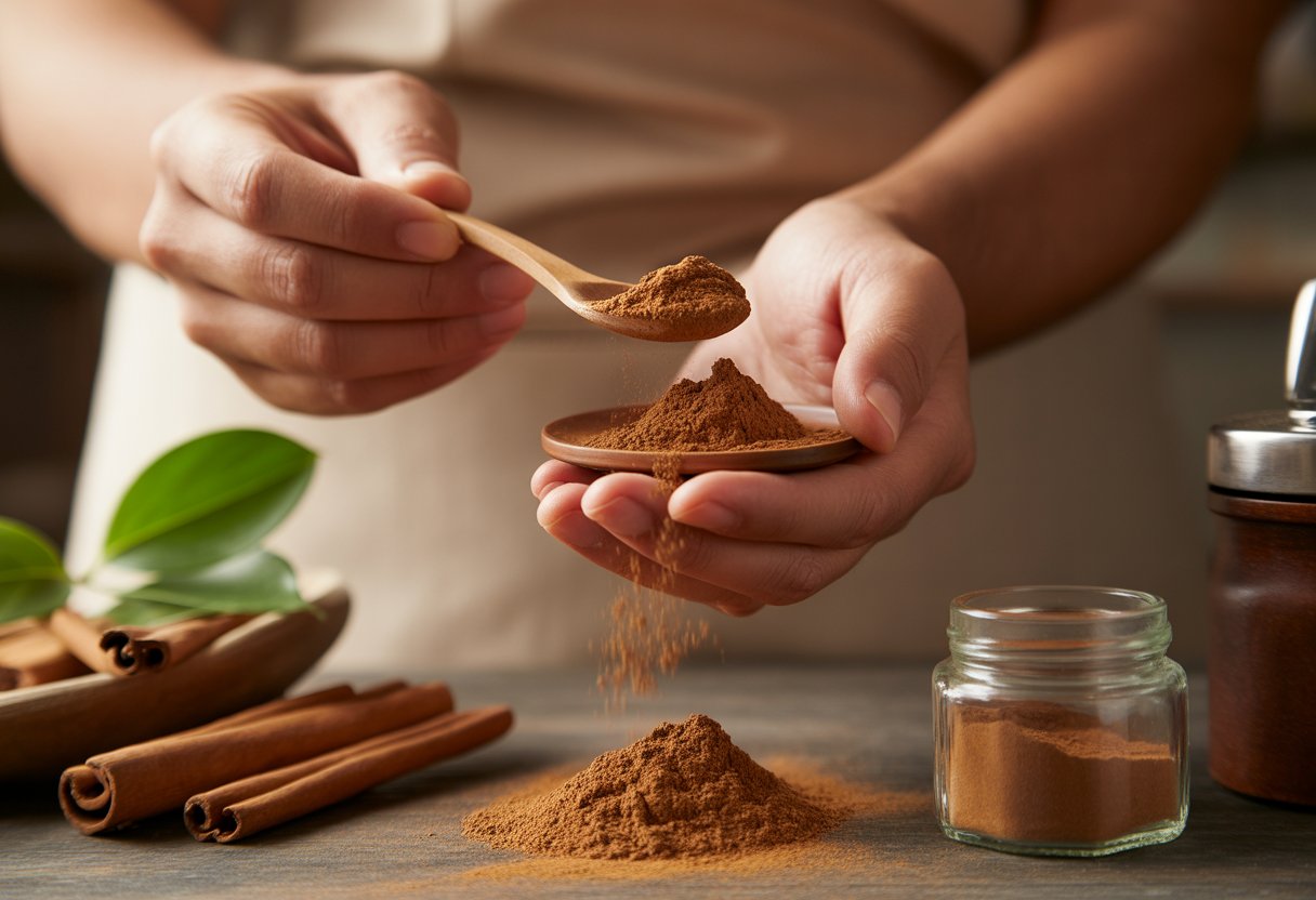 Mãos soprando pó de canela em um ambiente de cozinha com canela em pau e folhas ao fundo.