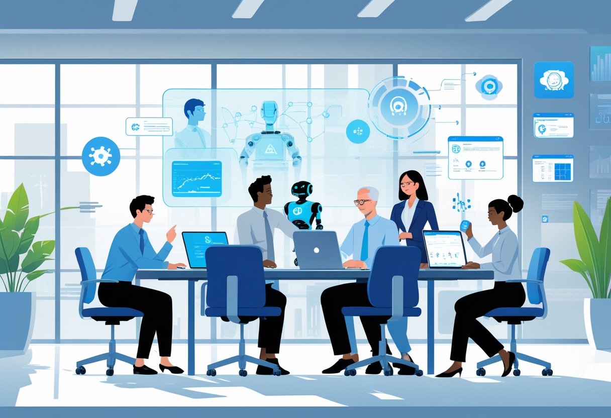 A diverse group of office workers from different departments using AI technology in a modern workspace to collaborate and improve productivity.
