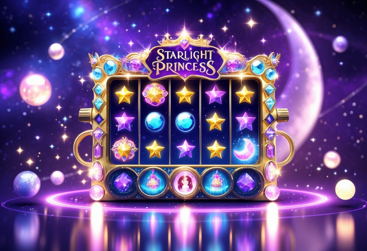 Mesin slot bercahaya dengan simbol bintang dan mahkota putri di latar belakang galaksi malam yang berkilau.