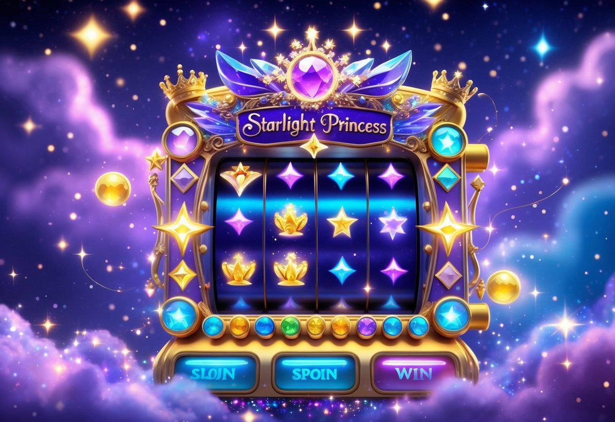 Mesin slot bertema putri bercahaya dengan simbol bintang dan permata yang berkilauan di latar langit malam berbintang.