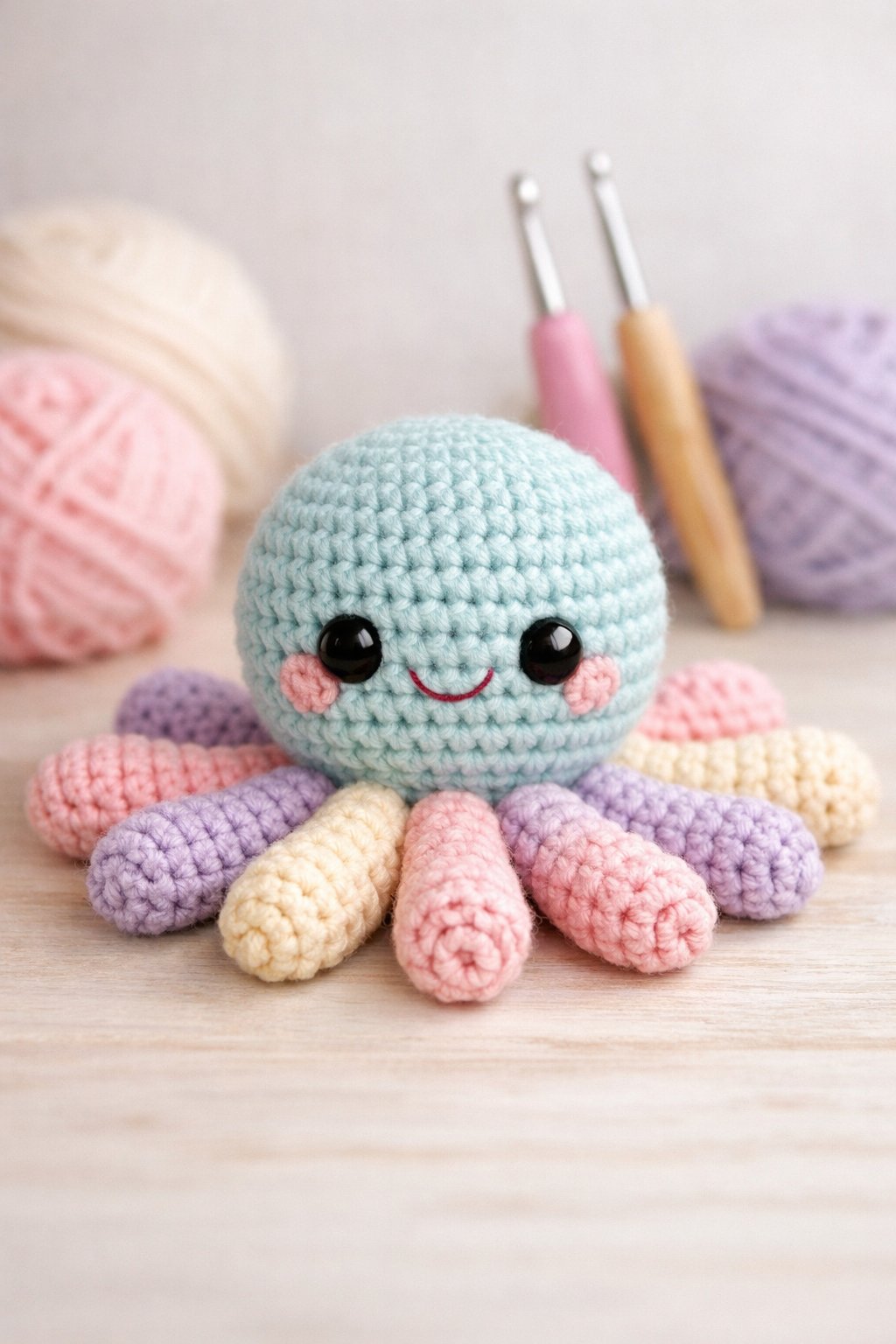 A crocheted octopus with eight tentacles placed on a crafting table with yarn and crochet hooks nearby.