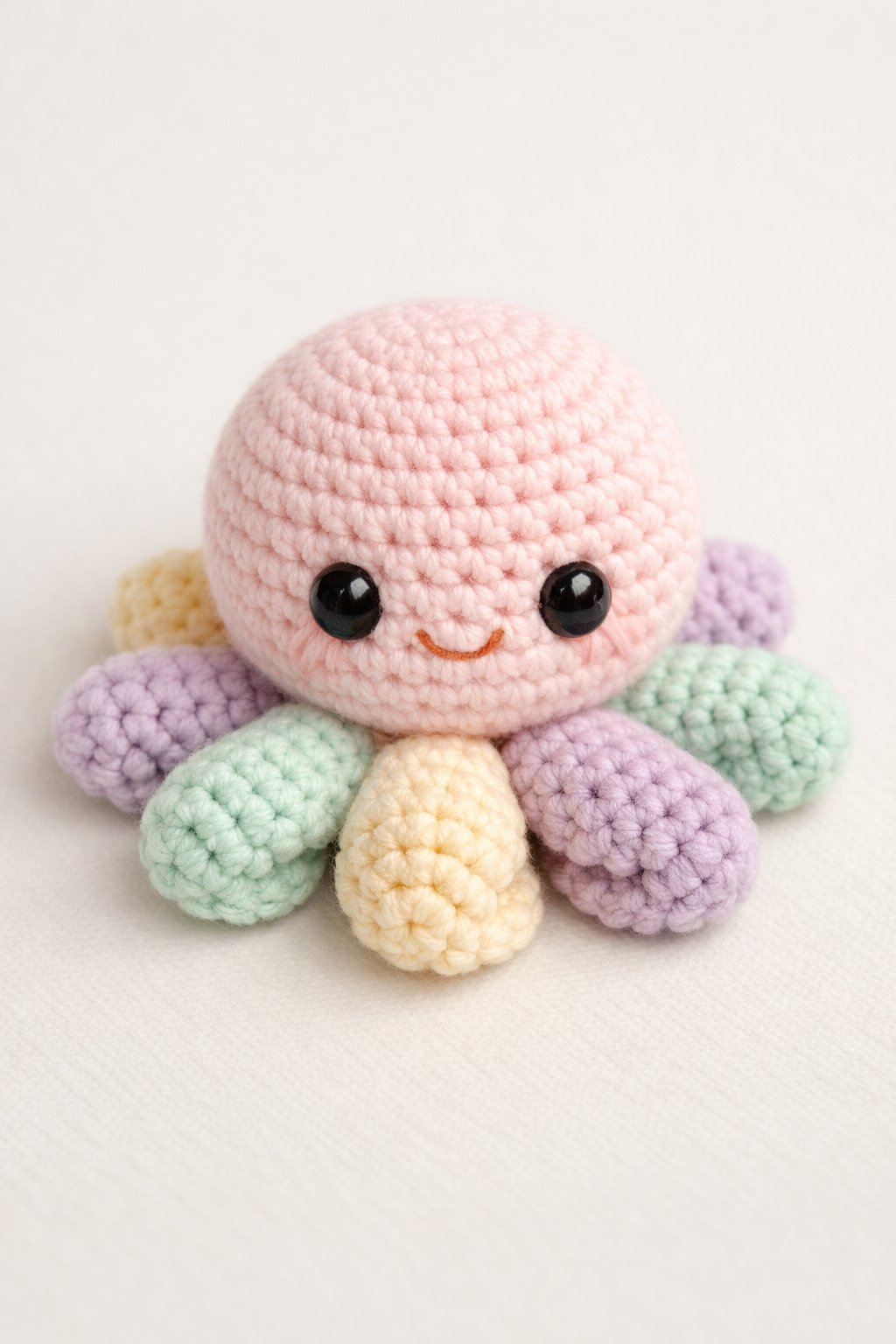 A small crochet octopus toy with rounded tentacles placed on a plain background.