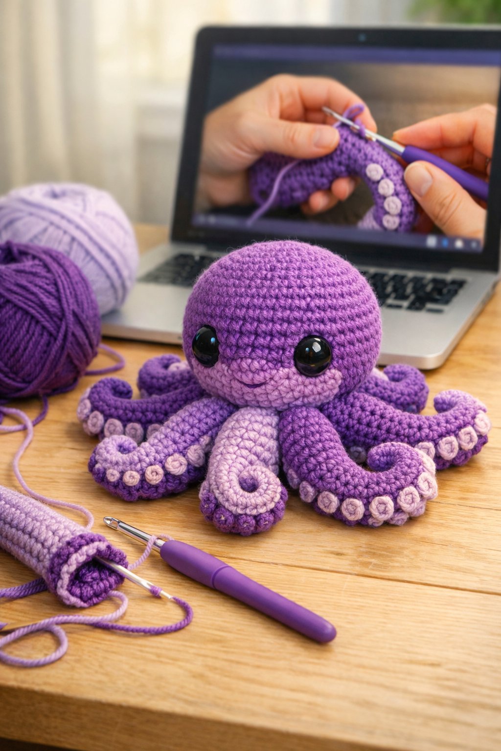 A crochet octopus on a table with yarn, crochet tools, and a laptop showing a video tutorial of crocheting its legs.