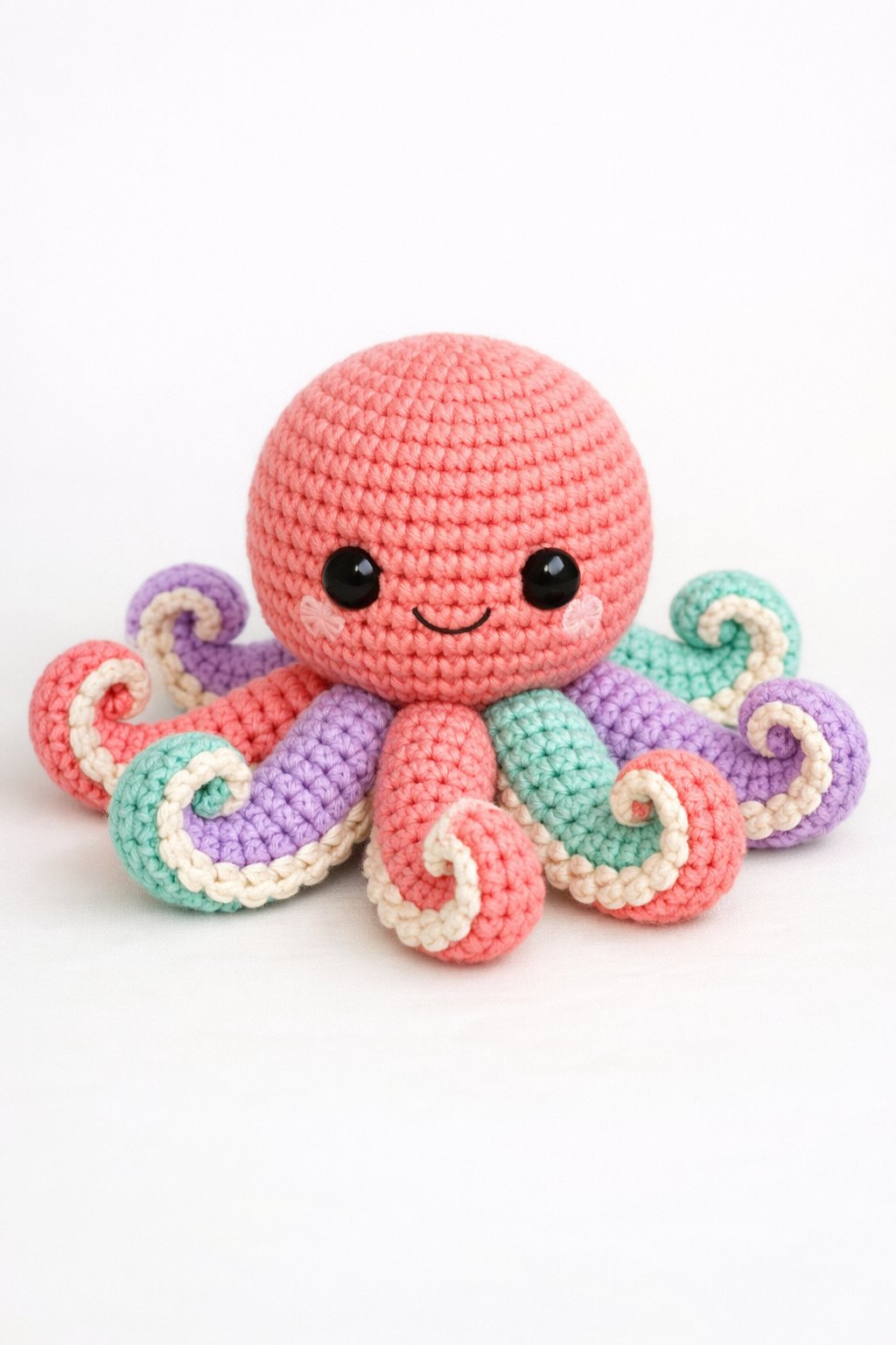 A crocheted octopus with eight curled tentacles displayed on a plain background.