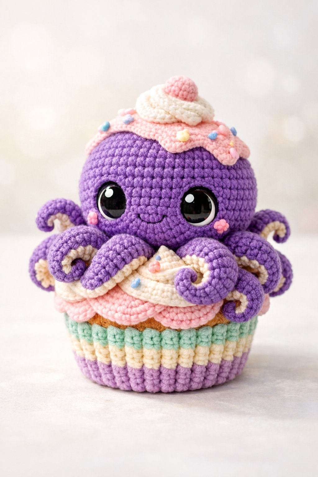 A crochet octopus sitting on top of a cupcake with detailed tentacles and colorful frosting.