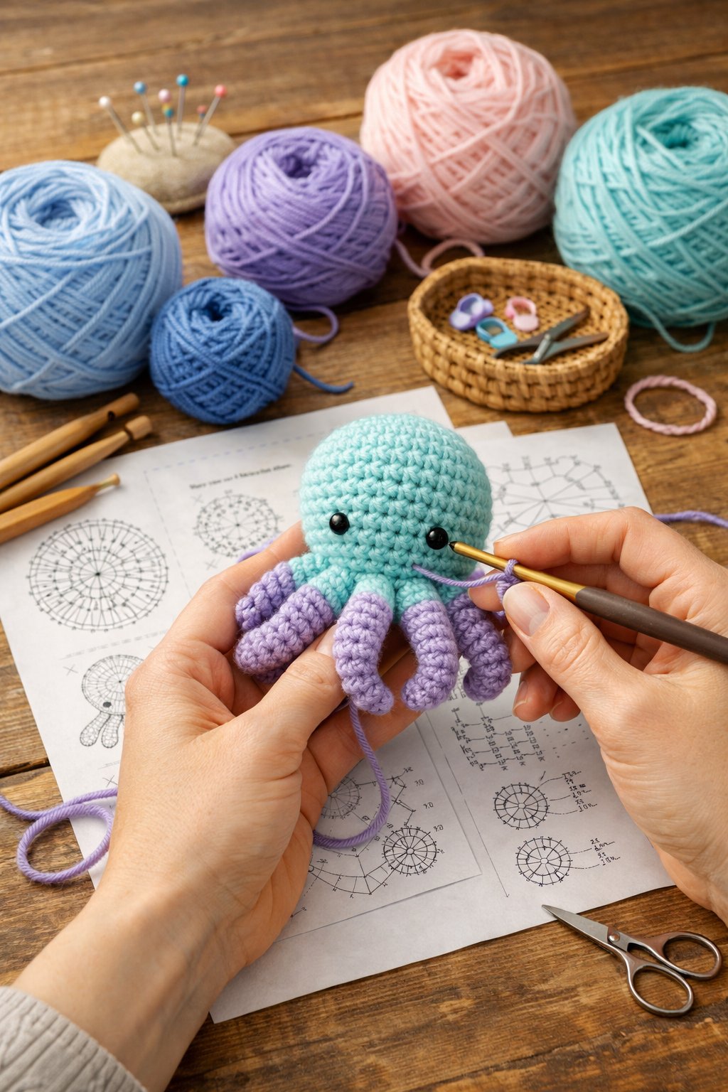 Hands crocheting a small octopus with pastel yarn on a wooden table surrounded by balls of yarn and crochet pattern sheets.