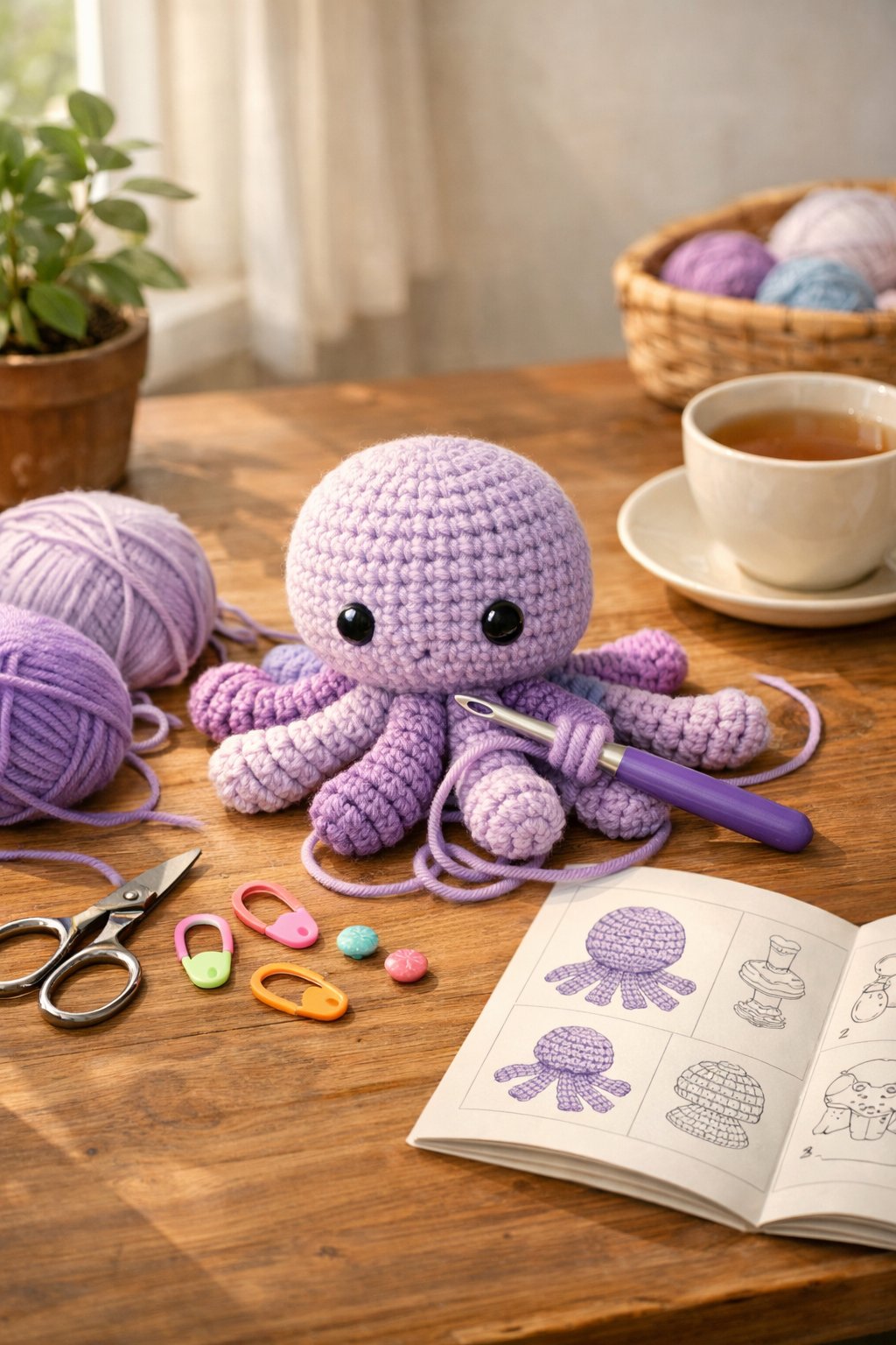 A cozy workspace showing a partially crocheted purple octopus with yarn, crochet hook, scissors, and a pattern booklet on a wooden table.