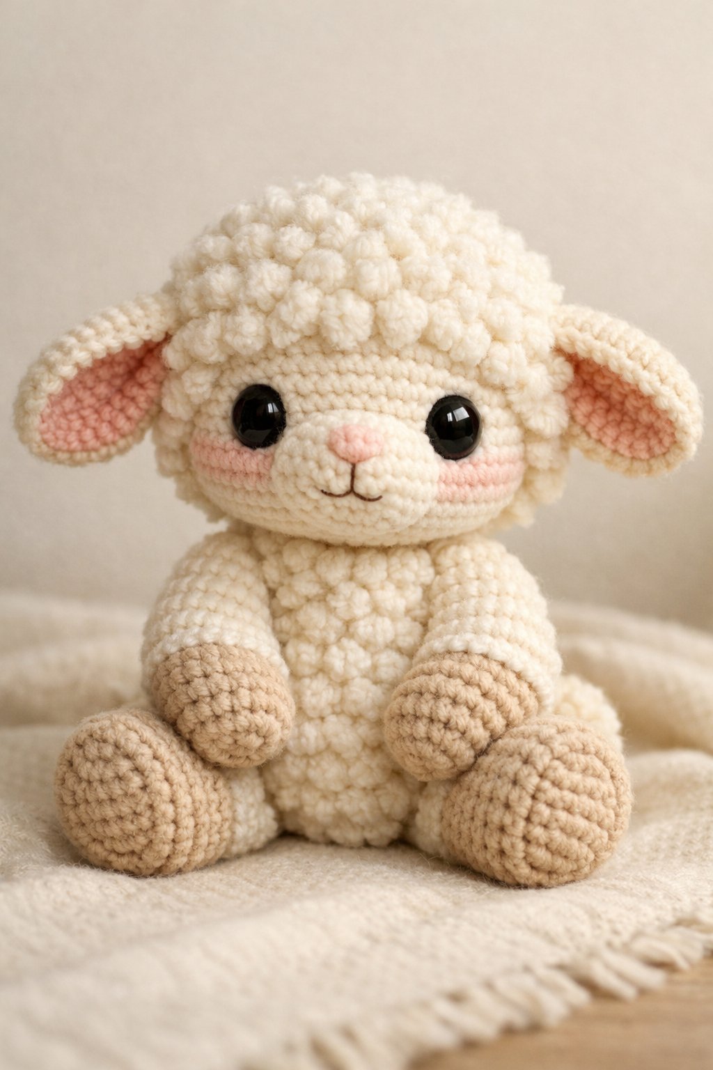 A small crocheted lamb sitting on a cozy surface, showing detailed yarn texture and soft features.