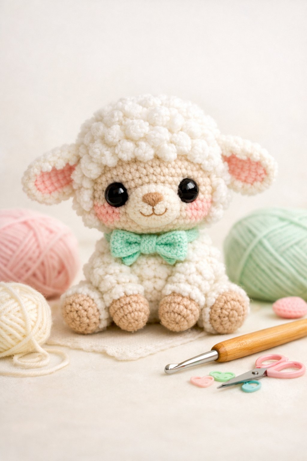 A small crocheted baby lamb sitting upright with crochet tools and yarn nearby.