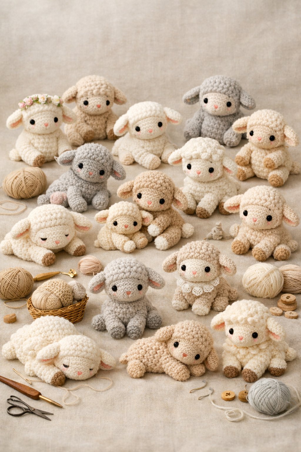 A collection of small crochet lamb dolls arranged on a soft background with yarn and crochet tools nearby.