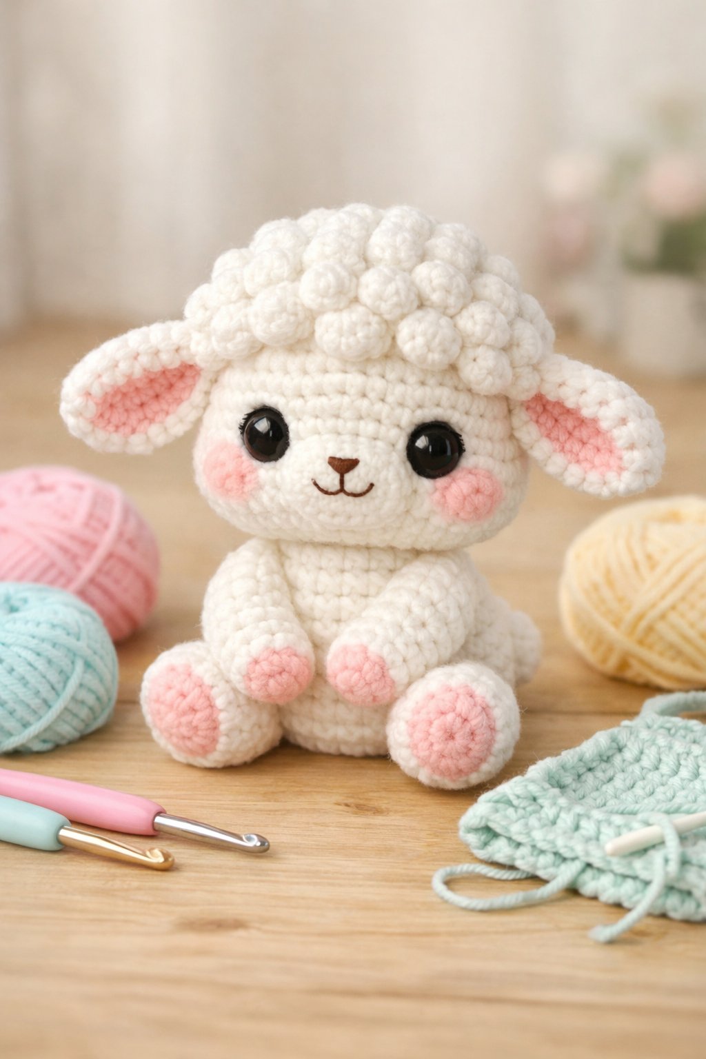 A handmade crochet lamb amigurumi sitting on a wooden surface surrounded by yarn balls and crochet hooks.