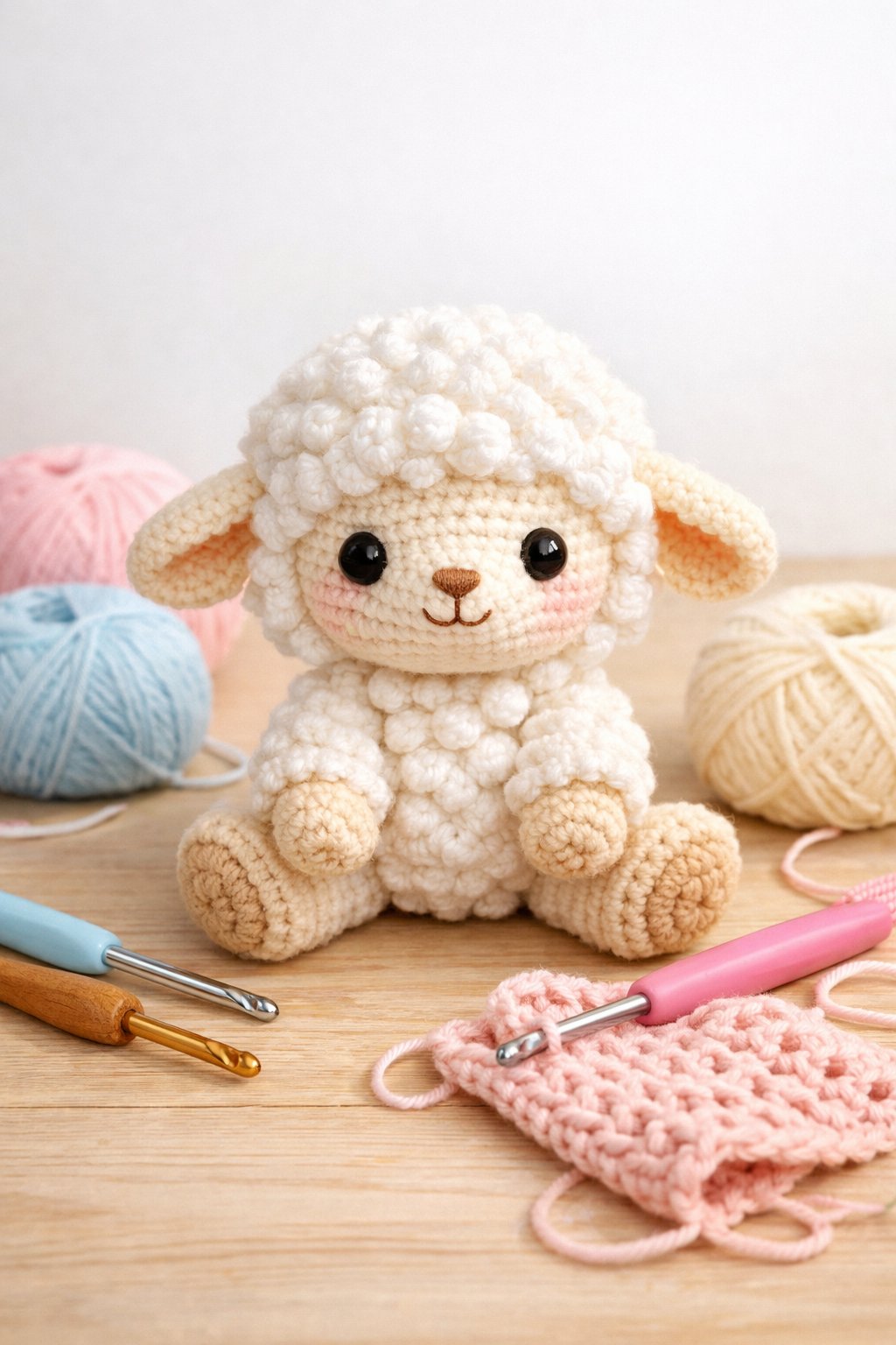 A small crocheted lamb sitting on a wooden surface with yarn balls and crochet hooks around it.