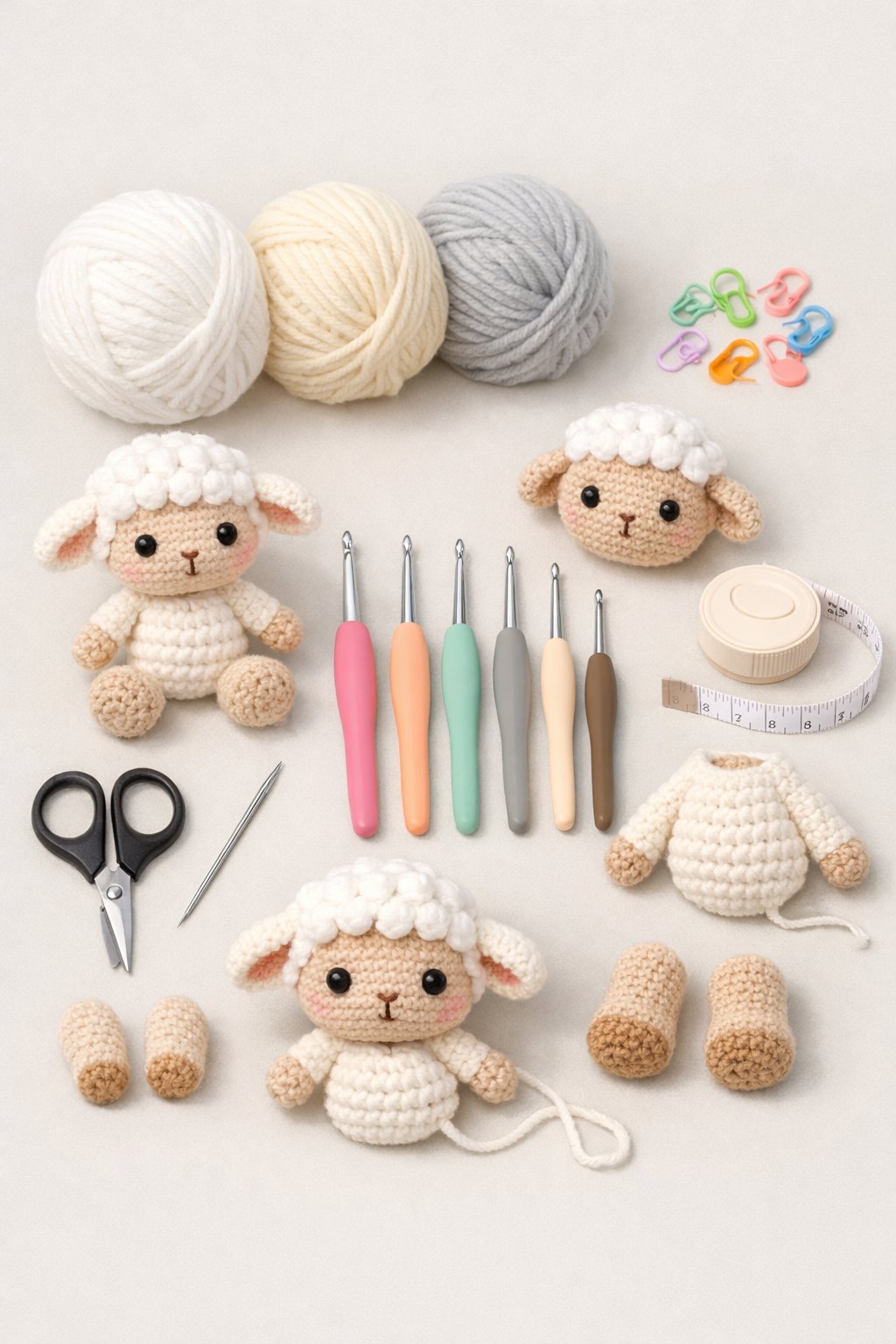 A flat lay of yarn, crochet hooks, scissors, needles, and small crochet lamb figures arranged on a light background.