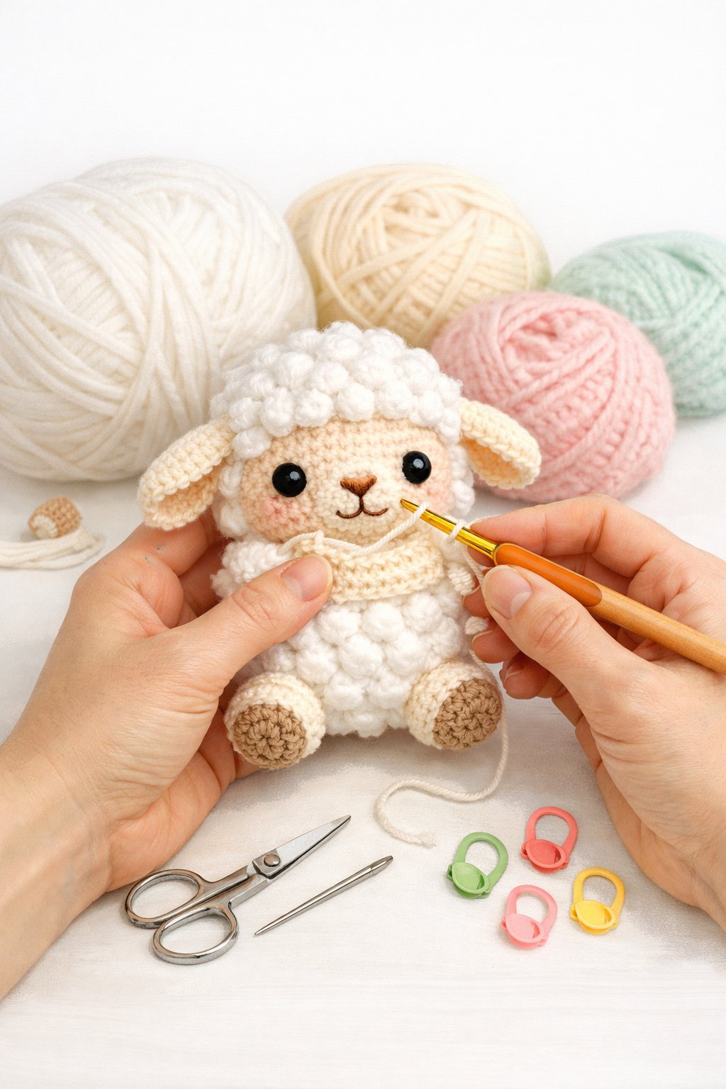 Hands crocheting a small lamb amigurumi with yarn and crochet tools on a clean surface.