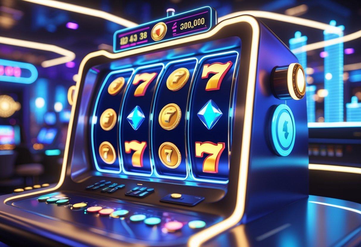 Mesin slot modern dengan efek cahaya berwarna dan simbol keberuntungan di kasino yang terang dan ramai.