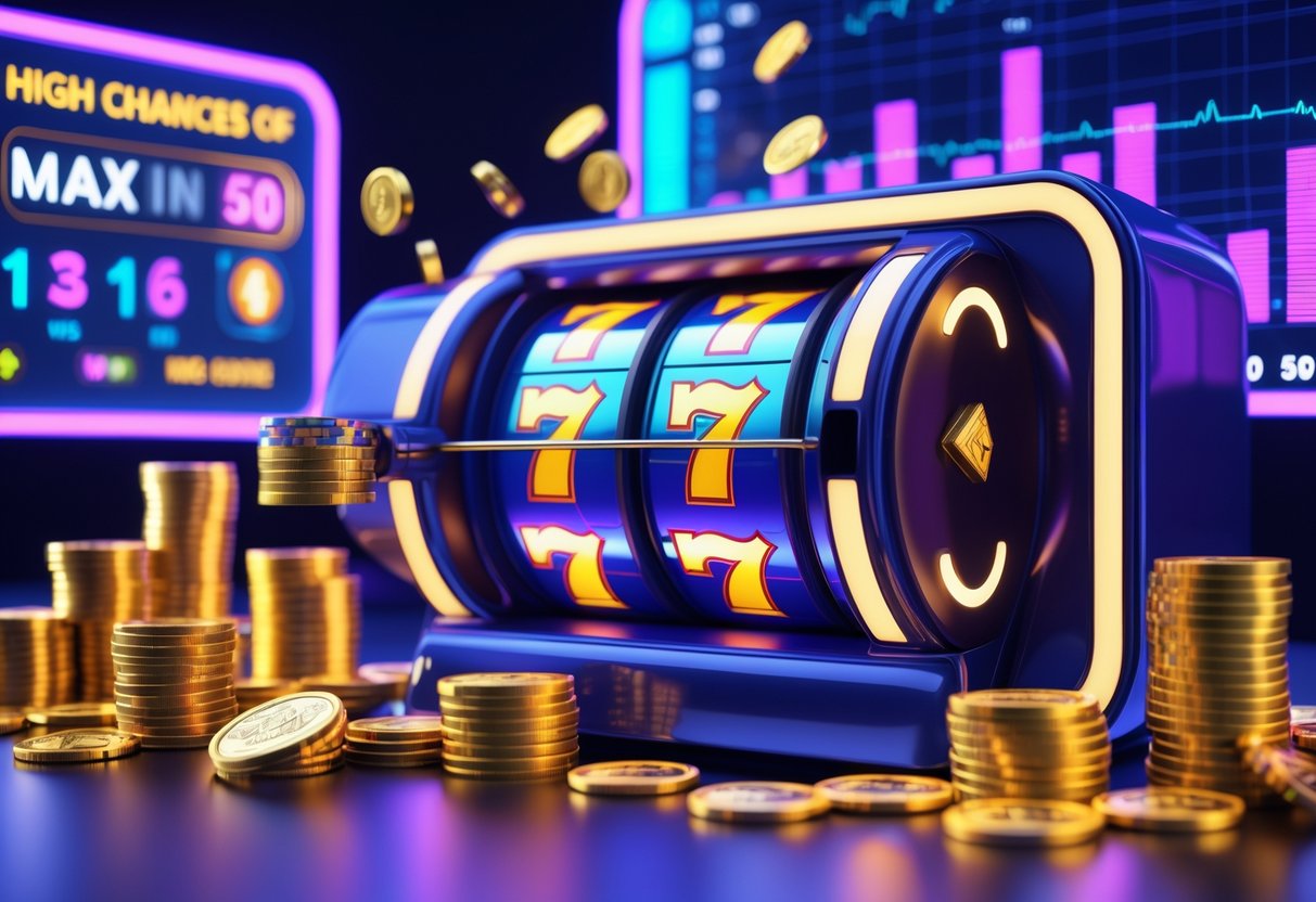 Mesin slot modern dengan koin emas dan chip kasino di sekitarnya, menampilkan suasana kemenangan dan peluang tinggi.