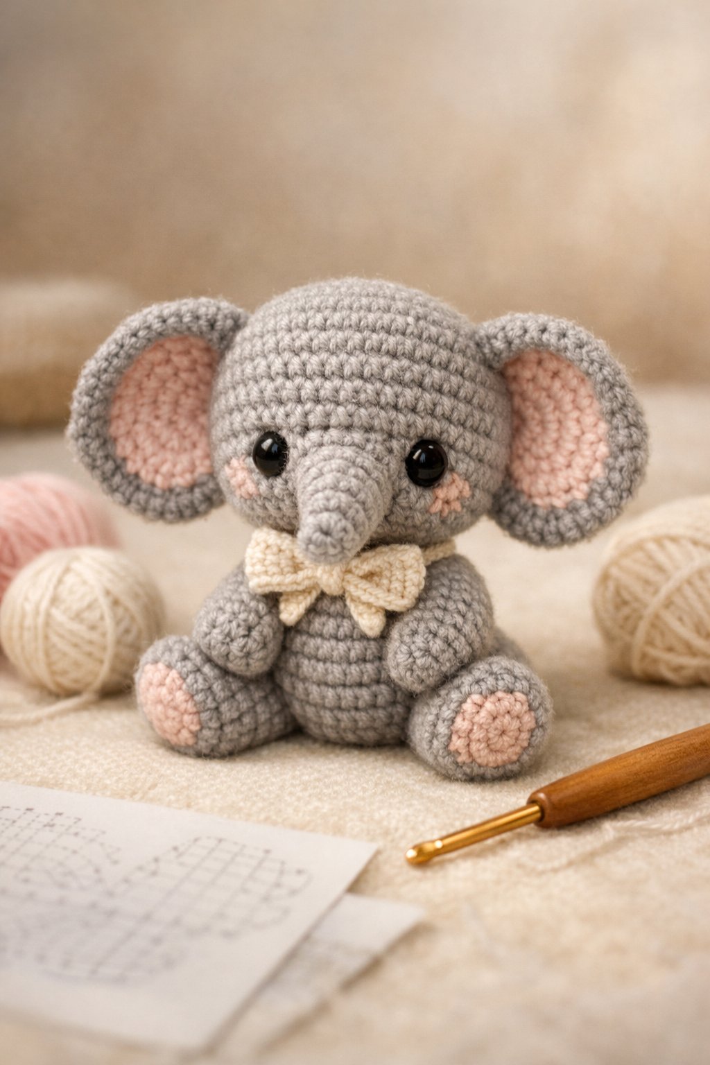 A miniature crochet elephant sitting on a surface with yarn balls and a crochet hook nearby.