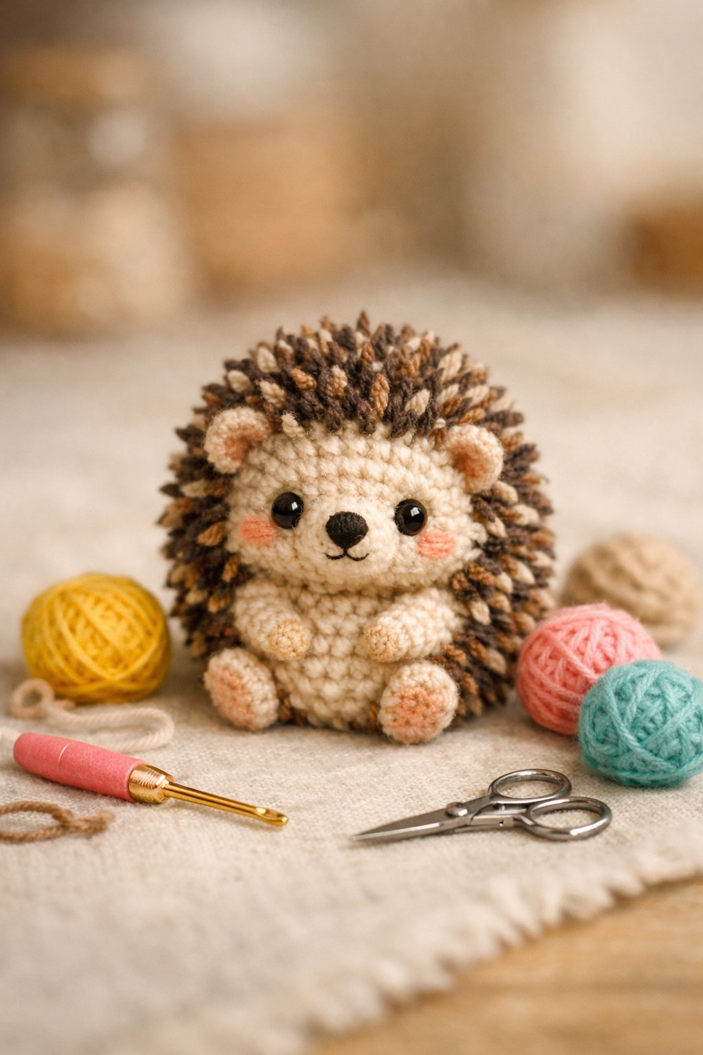 A small crocheted hedgehog sitting among crochet tools and yarn on a soft surface.